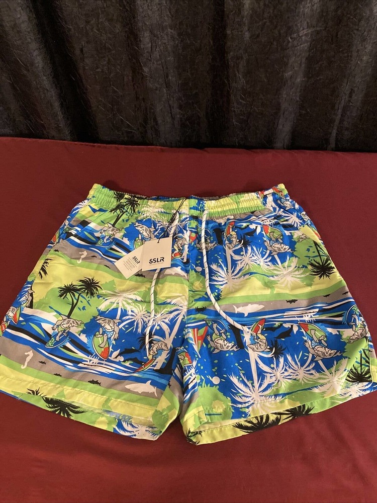 SSLR Mens sz 36 Swim Trunks Quick Dry Swim Shorts, Mesh Lining, Surfing Sharks